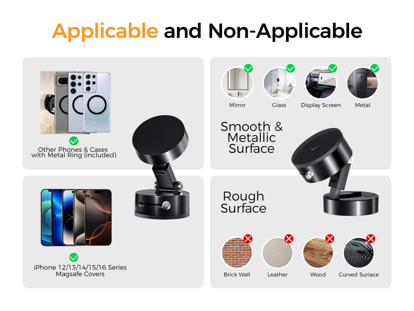 HoldSure Vacuum Magnetic Phone Holder | (All iPhones, Android & GPS Devices and Cases Compatible)
